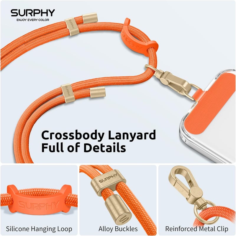 SURPHY Phone Lanyard, Adjustable Phone Strap Crossbody with 2 Pack Cell Phone Tether Tab, Premium Metal Buckles, Skin-Friendly, Universal Cell Phone Lanyard Crossbody for Women and Men, Orange - Image 5